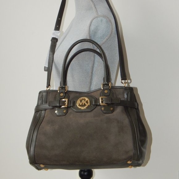 MICHAEL KORS HUDSON Leather Suede Large Tote Satchel Shoulder BAG Dark Olive NWT - Picture 3 of 14